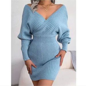 Blue Rib-Knit Sweater Dress