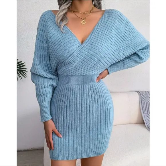 Blue Rib-Knit Sweater Dress