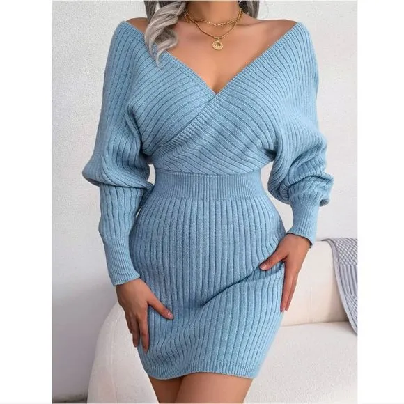 Blue Rib-Knit Sweater Dress