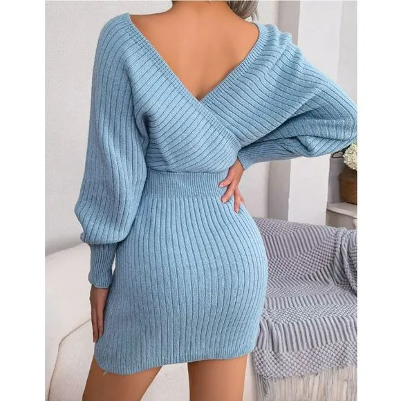 Blue Rib-Knit Sweater Dress