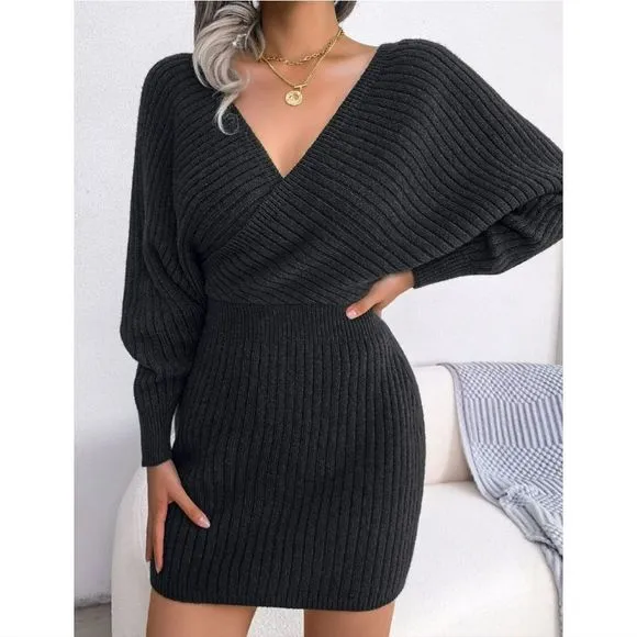 Blue Rib-Knit Sweater Dress