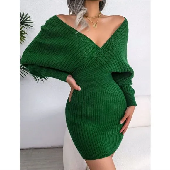 Blue Rib-Knit Sweater Dress