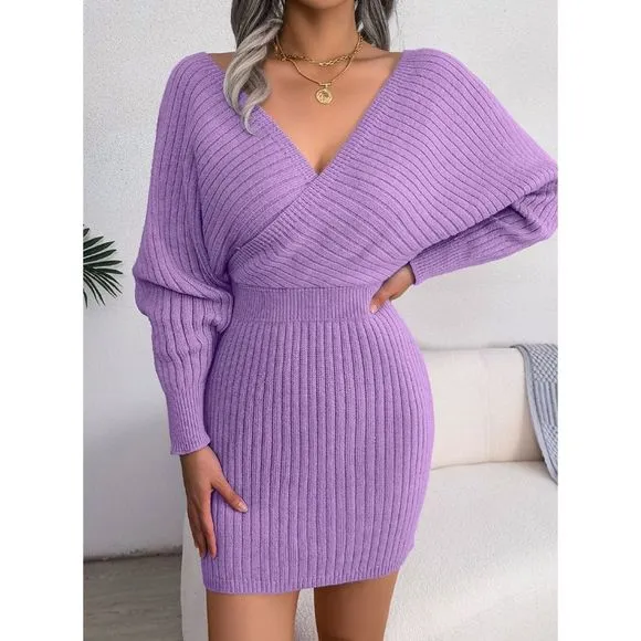 Blue Rib-Knit Sweater Dress
