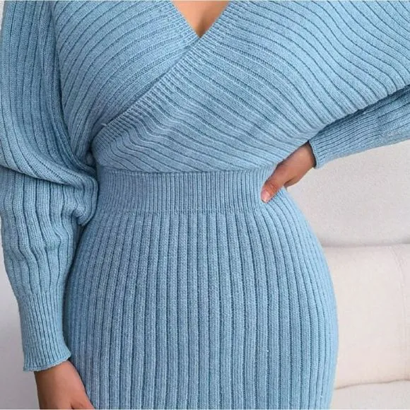 Blue Rib-Knit Sweater Dress