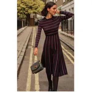 Boden Maria Knitted Midi Dress Long Sleeve Navy Pink Stripes D0775 Size 12 R