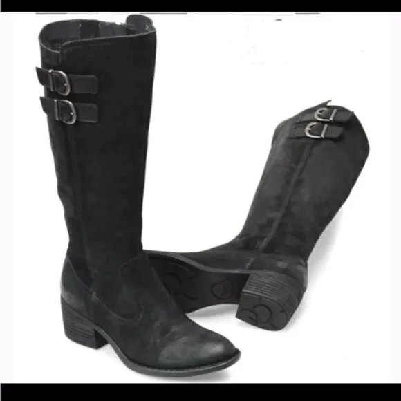 Born | Basil Knee High Boot Wide Calf Black Suede Burnished F56800 | 7M