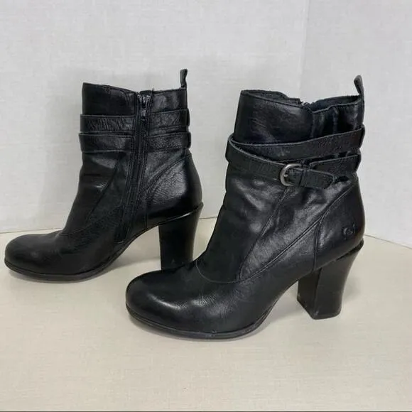 BORN . Black Leather Ankle Boots/Stacked Heel - Size 8.5 - Next to New