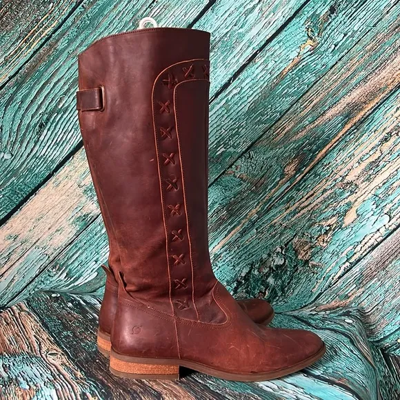 Born brown leather weave tall riding style boots