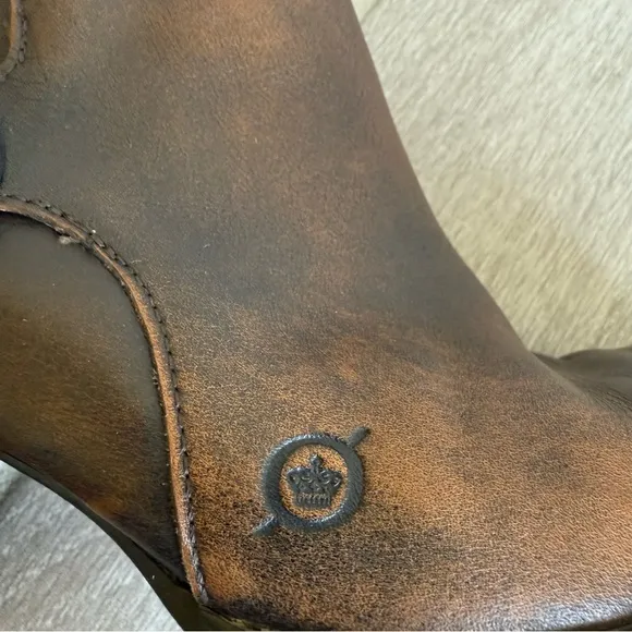 Born Ondine Distressed Leather Buckle  Stacked Heel Western Ankle Boots 7.5
