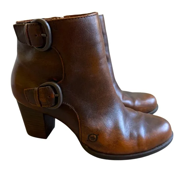 Born Ondine Distressed Leather Buckle  Stacked Heel Western Ankle Boots 7.5