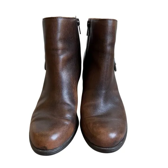 Born Ondine Distressed Leather Buckle  Stacked Heel Western Ankle Boots 7.5