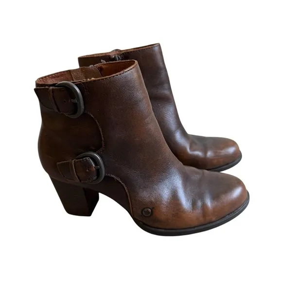 Born Ondine Distressed Leather Buckle  Stacked Heel Western Ankle Boots 7.5
