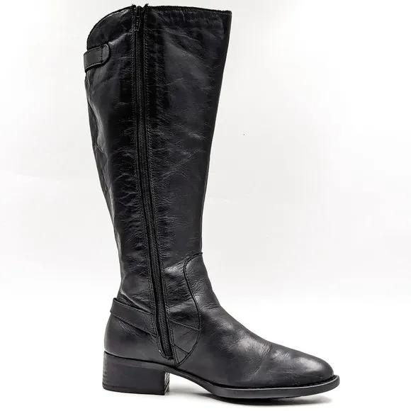 Born Women Cupra Black Leather Strappy Wide Calf Round Riding Boots size 7