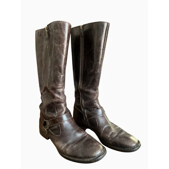 Born Womens Harness Boots Moto Biker Leather Flannel Lined Double Zip Size 9.5