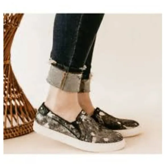 Boutique by Corky's Pine Top Studded Metallic Cowhide Leather Slip On Sneakers