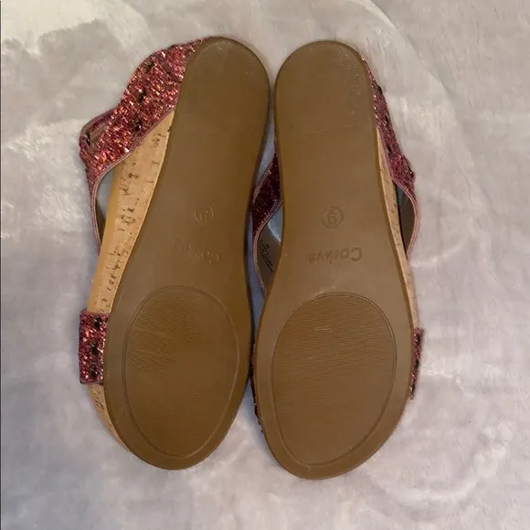 Boutique by Corkys Sparkly Pink Glitter Wedge Sandals Ankle Strap Size 9 NIB