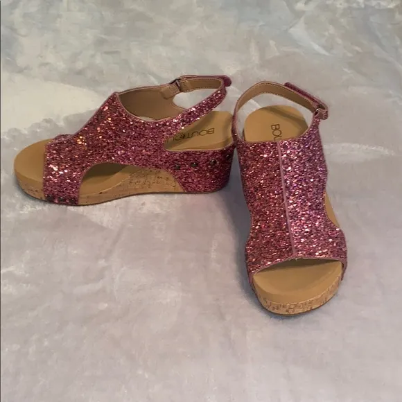 Boutique by Corkys Sparkly Pink Glitter Wedge Sandals Ankle Strap Size 9 NIB