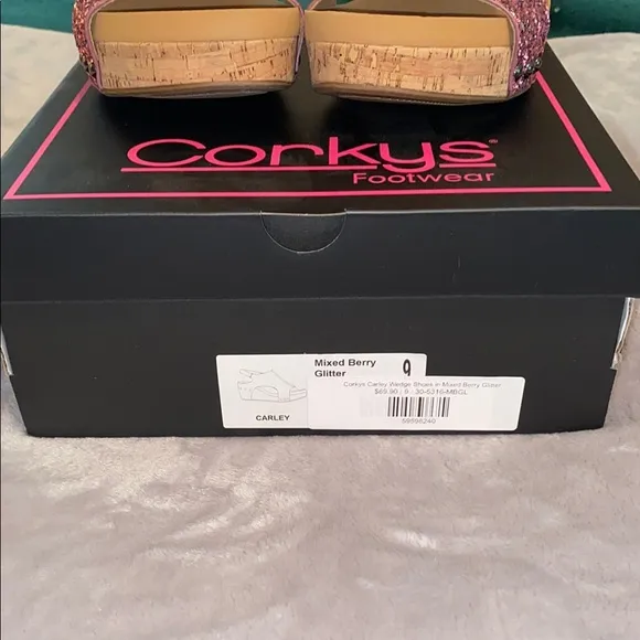 Boutique by Corkys Sparkly Pink Glitter Wedge Sandals Ankle Strap Size 9 NIB