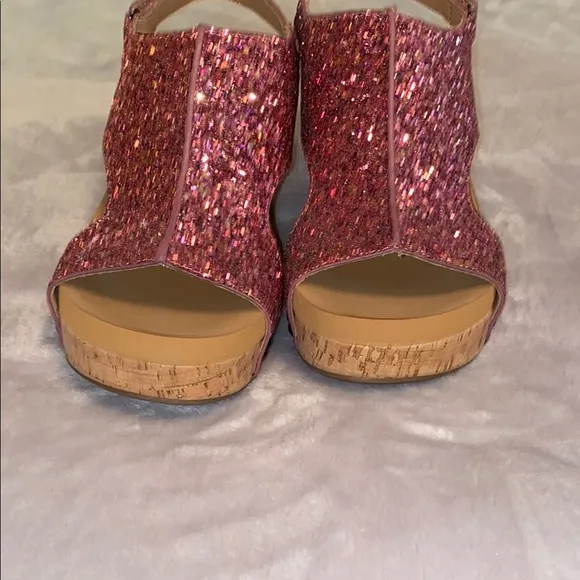 Boutique by Corkys Sparkly Pink Glitter Wedge Sandals Ankle Strap Size 9 NIB