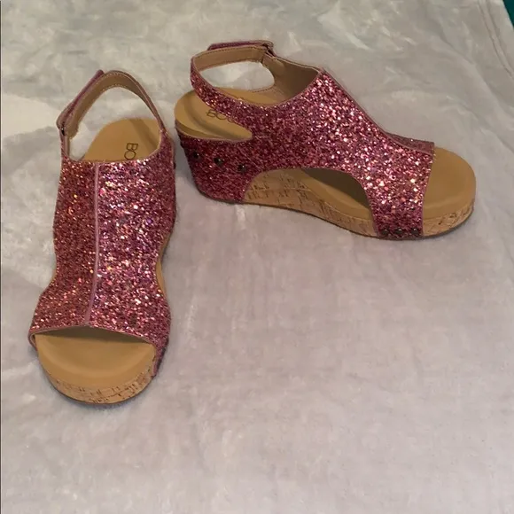 Boutique by Corkys Sparkly Pink Glitter Wedge Sandals Ankle Strap Size 9 NIB