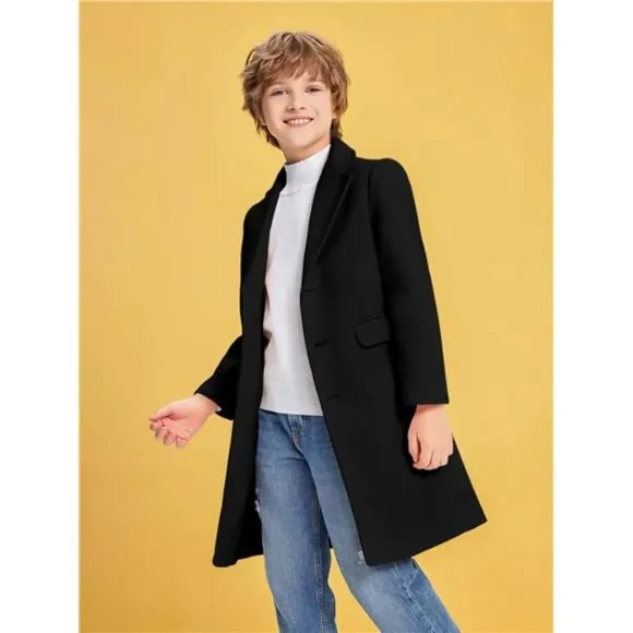 Boys Trench Coat Winter Notch Lapel Long Jacket Single Breasted Pea Coat 4-14Y