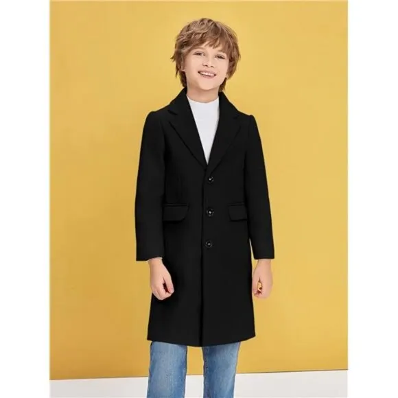Boys Trench Coat Winter Notch Lapel Long Jacket Single Breasted Pea Coat 4-14Y