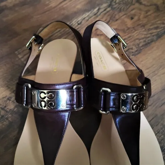 Brand New Coach Leather Danielle T-Strap Wedges Sandals Brown/Tan Size 9B