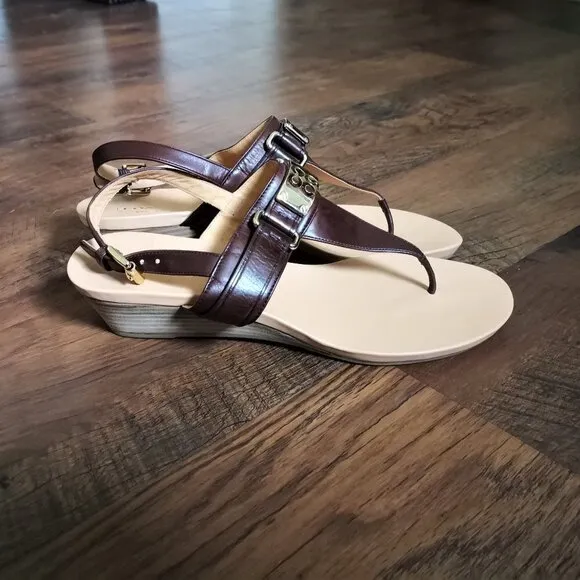 Brand New Coach Leather Danielle T-Strap Wedges Sandals Brown/Tan Size 9B