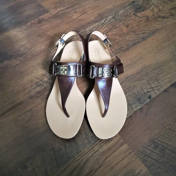 Brand New Coach Leather Danielle T-Strap Wedges Sandals Brown/Tan Size 9B