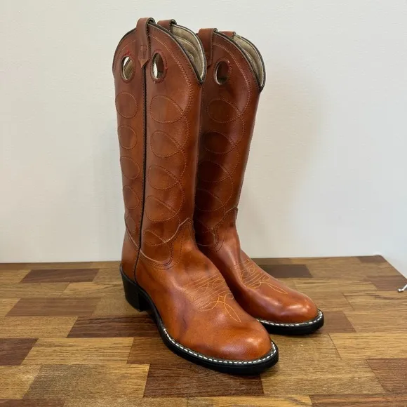 Bronco Womens Western Boots 8.5 Leather Made in USA Mid Calf Cowboy Brown