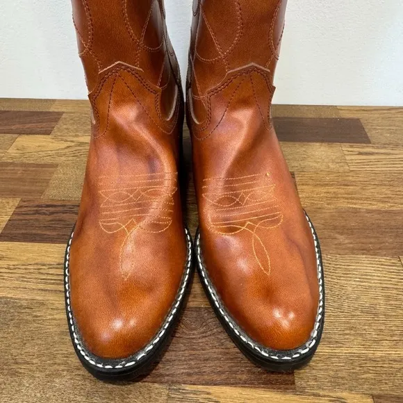 Bronco Womens Western Boots 8.5 Leather Made in USA Mid Calf Cowboy Brown