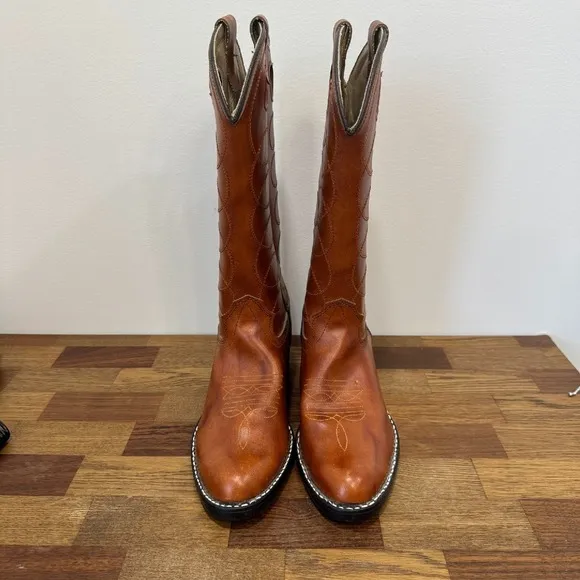 Bronco Womens Western Boots 8.5 Leather Made in USA Mid Calf Cowboy Brown