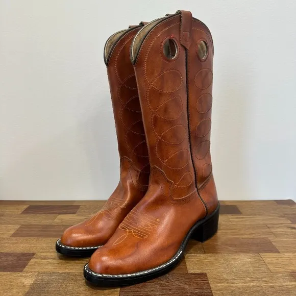 Bronco Womens Western Boots 8.5 Leather Made in USA Mid Calf Cowboy Brown