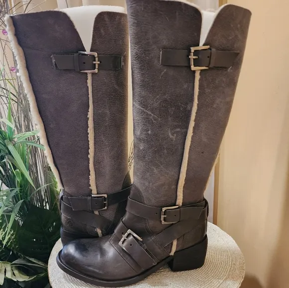 Bronx Womens Riding Boots Grey Buckle Round Toe Mid Calf Flat Zip  EUR 37