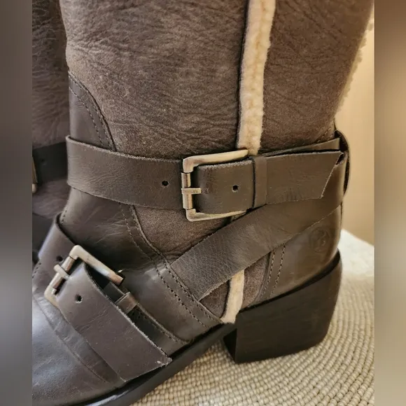 Bronx Womens Riding Boots Grey Buckle Round Toe Mid Calf Flat Zip  EUR 37