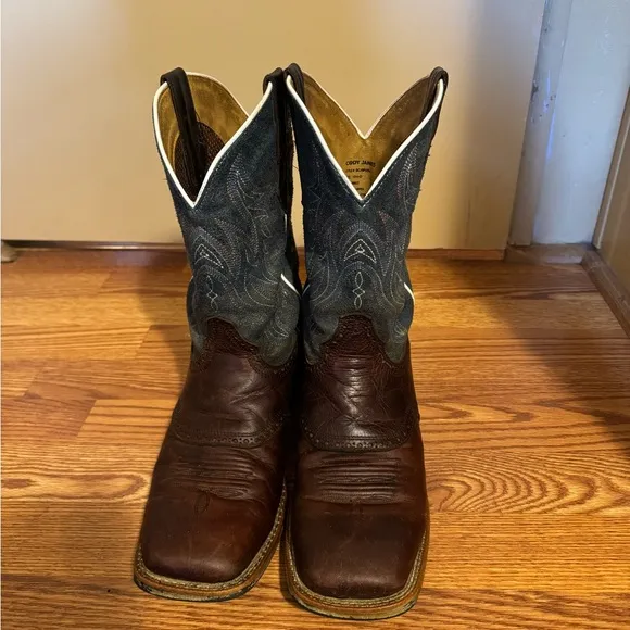 Brown and Blue Square Toe Cowboy Boots with Stacked Heel