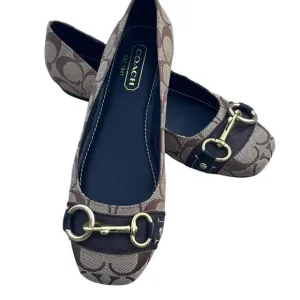 Brown Coach Logo Round Toe Ballet Flat w/Gold Fittings Like New Size 6B