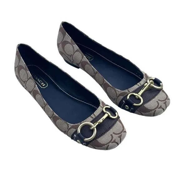 Brown Coach Logo Round Toe Ballet Flat w/Gold Fittings Like New Size 6B