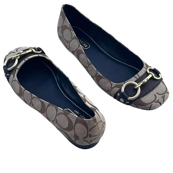 Brown Coach Logo Round Toe Ballet Flat w/Gold Fittings Like New Size 6B