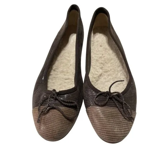Brown Textured Ballet Flats With Bow Detail &amp; Shearling Lining  Size 39