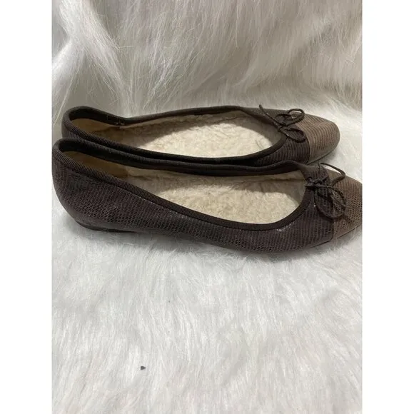 Brown Textured Ballet Flats With Bow Detail &amp; Shearling Lining  Size 39