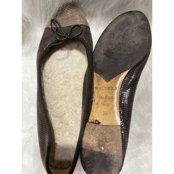 Brown Textured Ballet Flats With Bow Detail &amp; Shearling Lining  Size 39