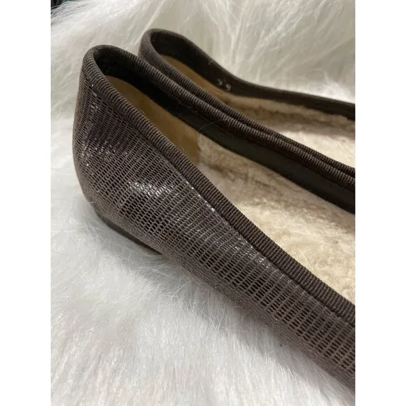 Brown Textured Ballet Flats With Bow Detail &amp; Shearling Lining  Size 39