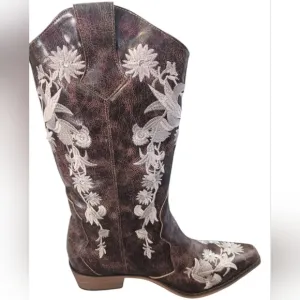 Brown vegan leather, white embroidered rhinestone boots