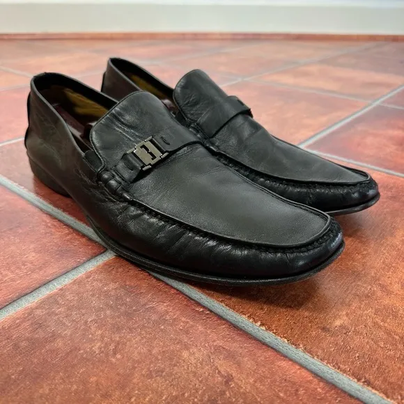 Bruno Magli Black Leather Metal Buckle Loafers Size Mens 15