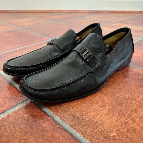 Bruno Magli Black Leather Metal Buckle Loafers Size Mens 15