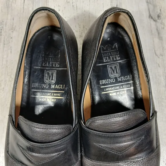 Bruno Magli Linea Uomo Elite Black Leather Penny Loafers