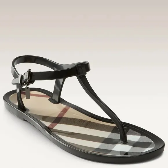 BURBERRY black / nova check jelly thong sandals 37