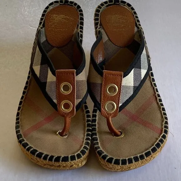 BURBERRY Canvas Espadrille Thong Wedge Sandals Size 36