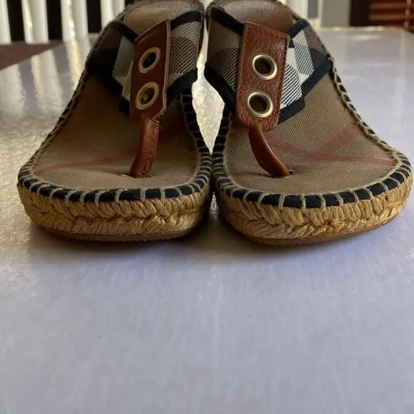 BURBERRY Canvas Espadrille Thong Wedge Sandals Size 36